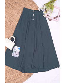 Fine Back Waistband Button Down Pleated Side Slit Long Maxi Skirt (Dark Grey Green)